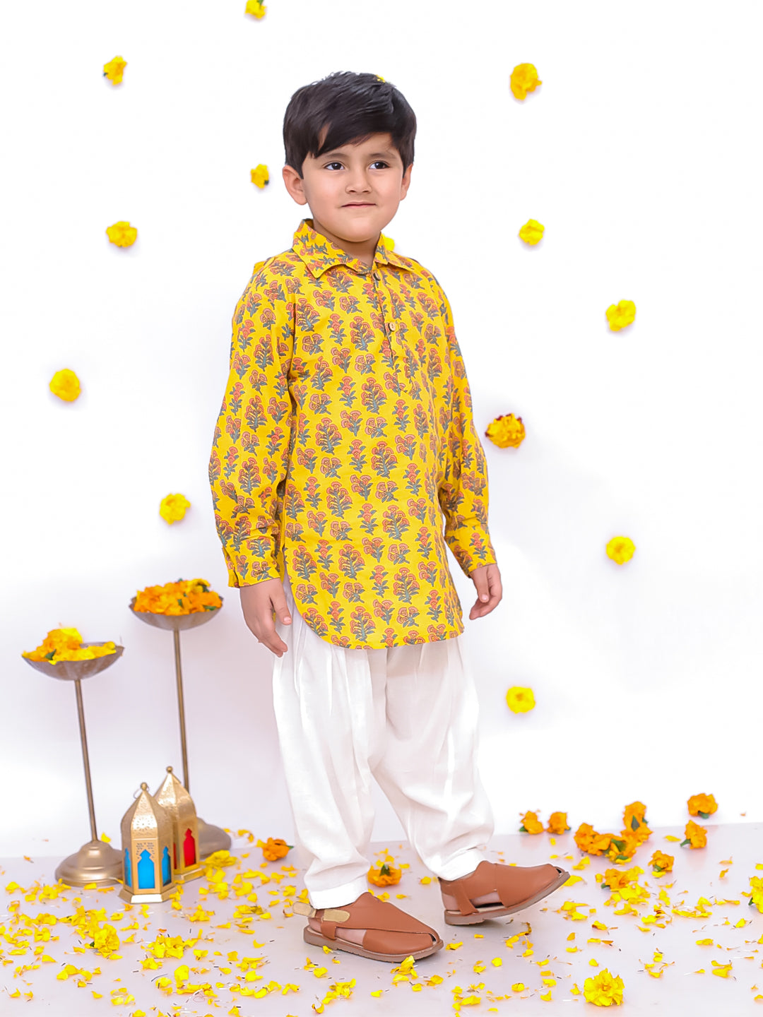 Yellow Pathani Kurta Salwaar Set - Stylish Indian Wear for Boys