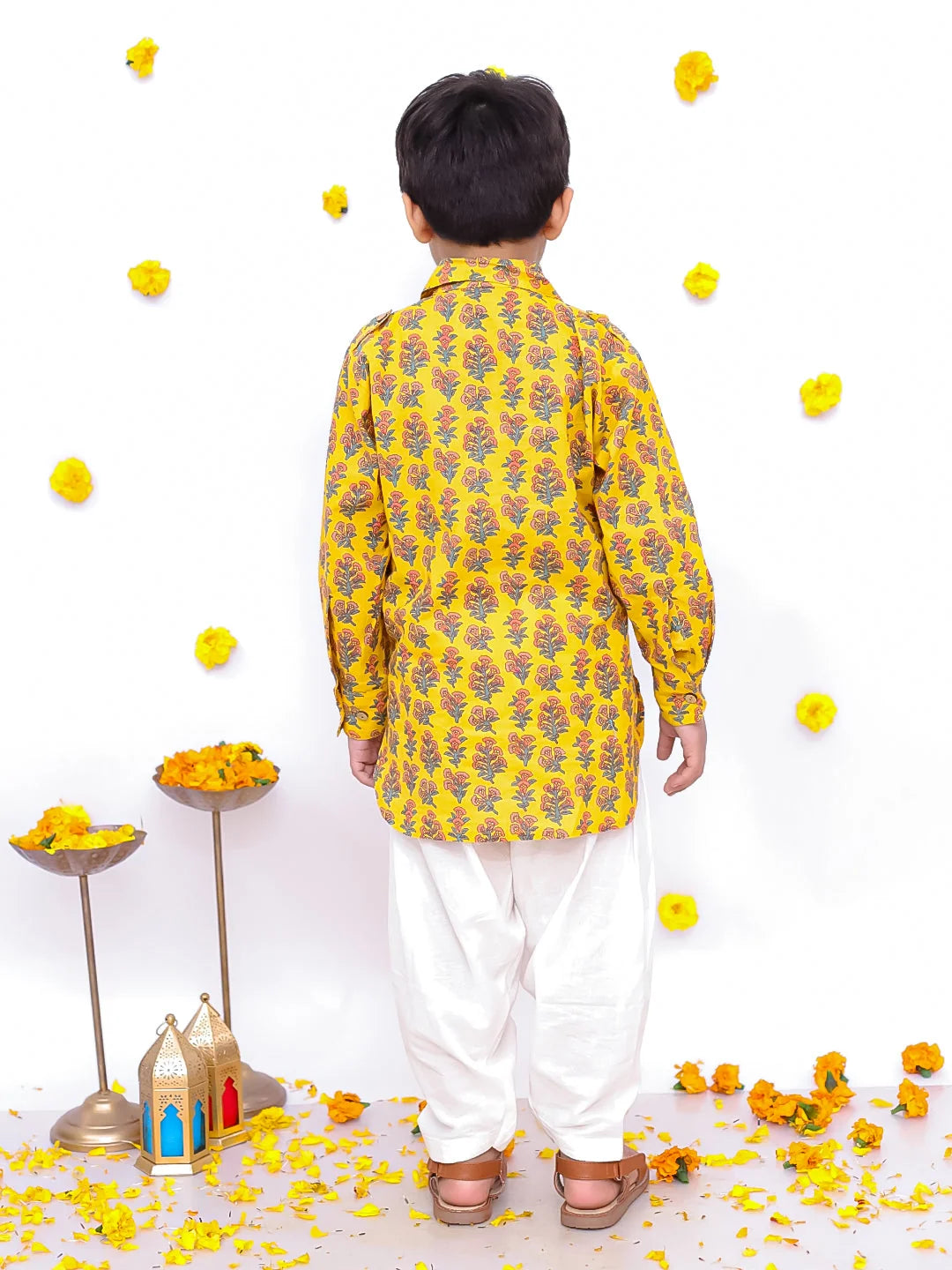 Yellow Pathani Kurta Salwaar Set - Stylish Indian Wear for Boys