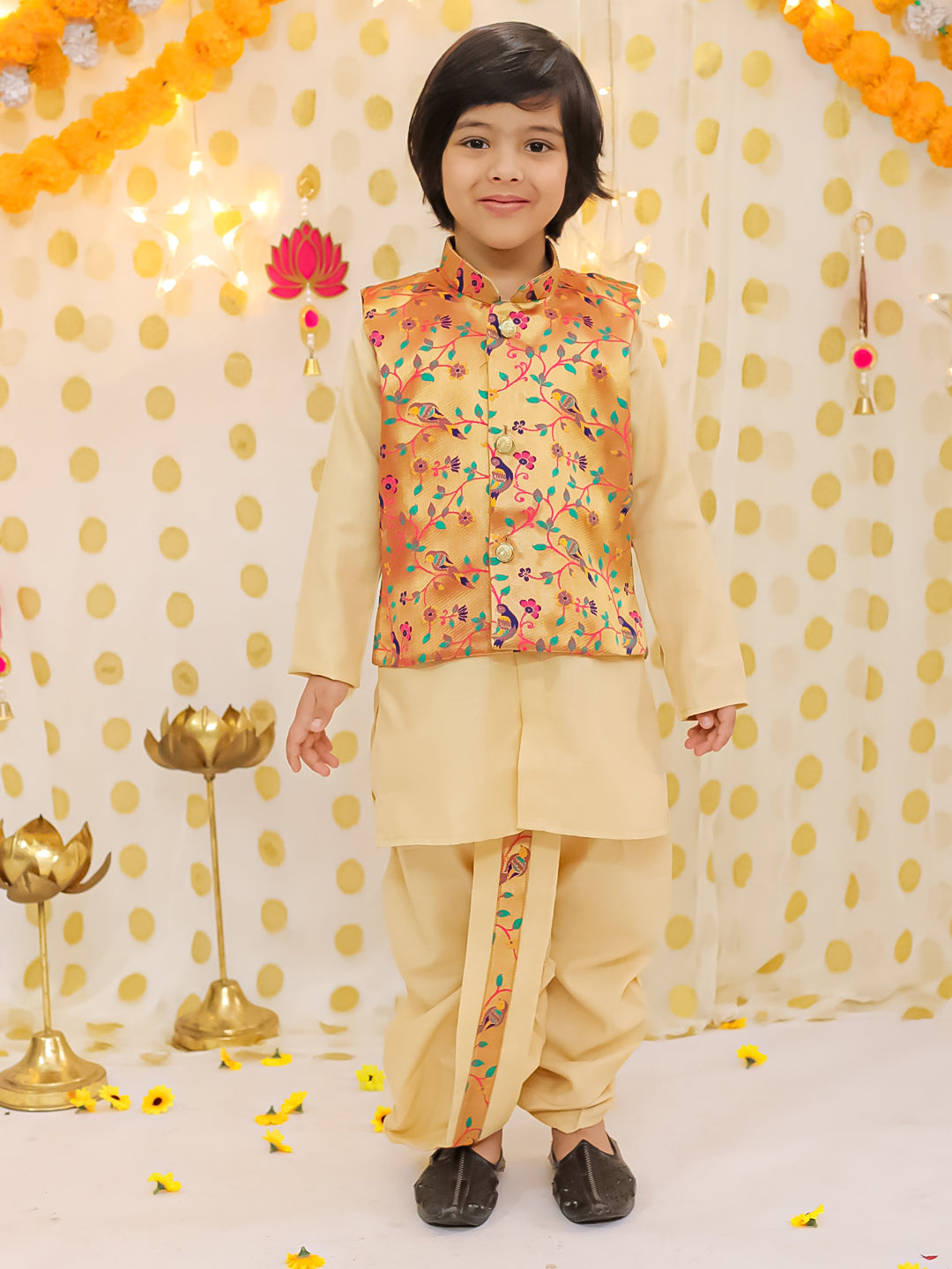 Poly Silk Dhoti Kurta Set for Boys - Gold | BS25DK18GDA | DesiQlo