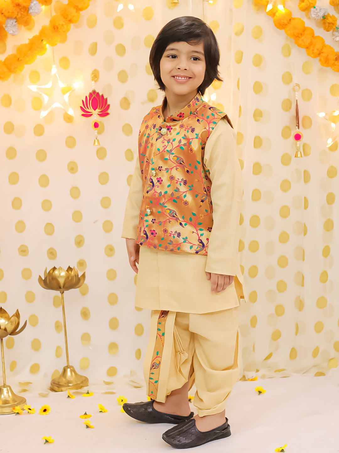 Poly Silk Dhoti Kurta Set for Boys - Gold | BS25DK18GDA | DesiQlo