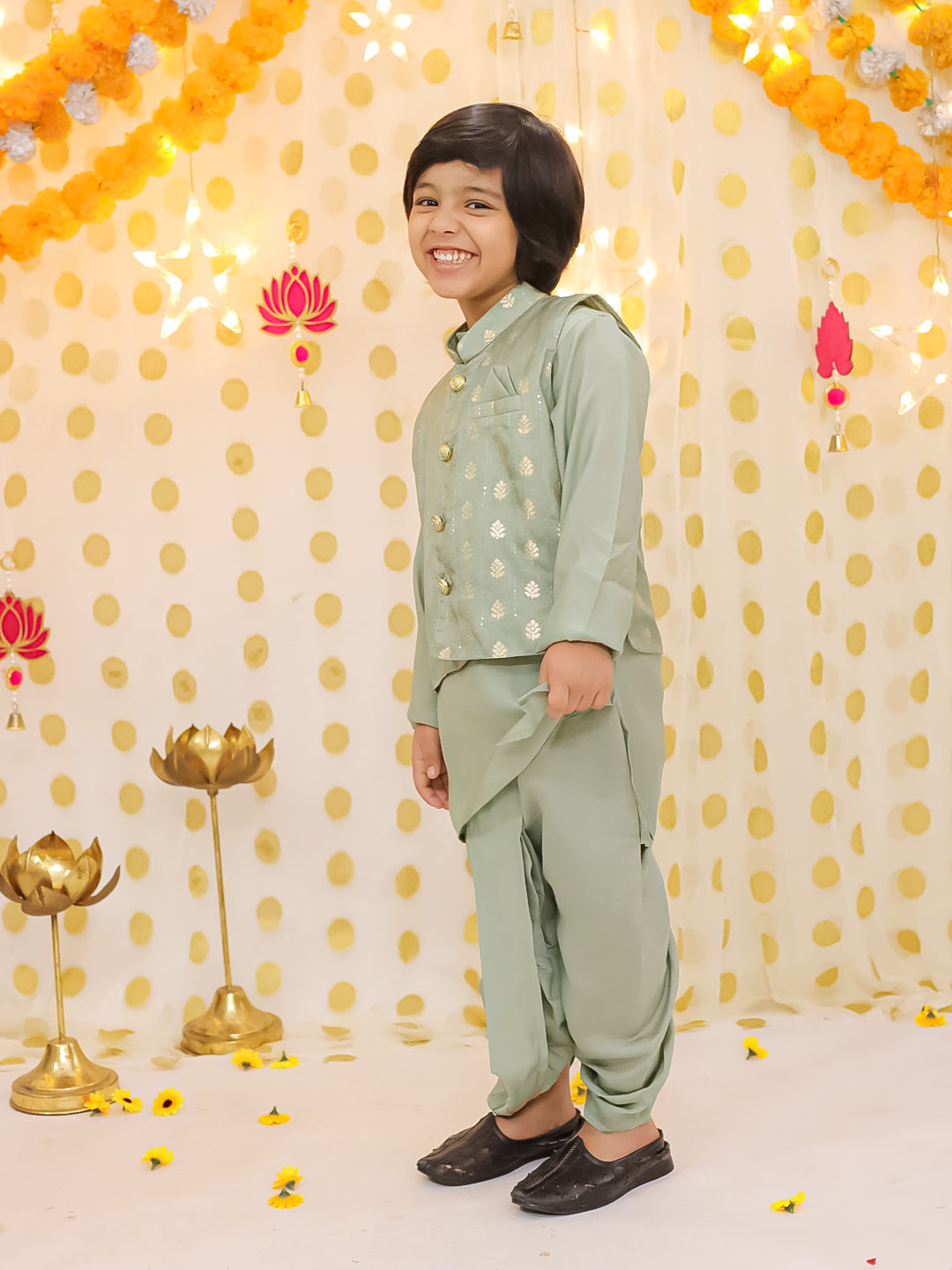 Silk Dhoti Kurta Set for Boys - Green | BS25DK20GRA