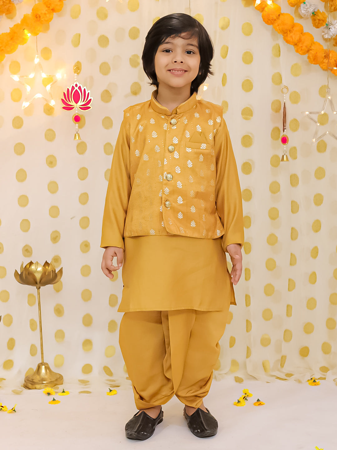 Silk Dhoti Kurta Set for Boys - Mustard | BS25DK20MSA | DesiQlo