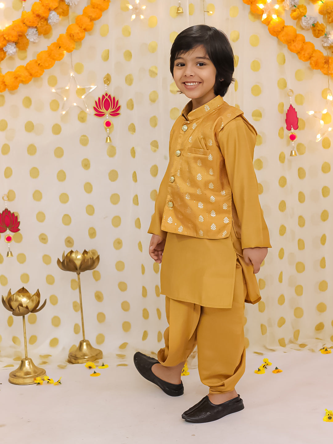 Silk Dhoti Kurta Set for Boys - Mustard | BS25DK20MSA | DesiQlo