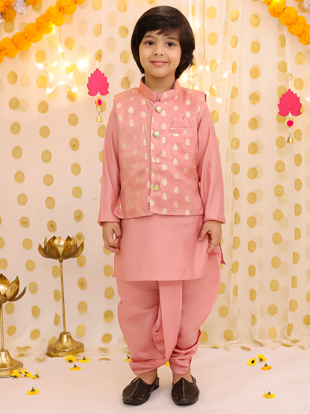 Silk Dhoti Kurta Set for Boys - Peach | BS25DK20PEA
