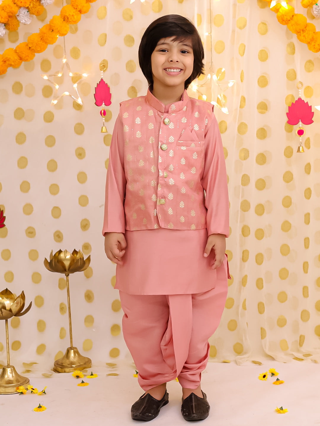 Silk Dhoti Kurta Set for Boys - Peach | BS25DK20PEA | DesiQlo