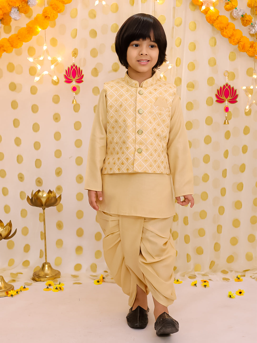 Linen Dhoti Kurta Set for Boys - Gold | BS25DK21GLA