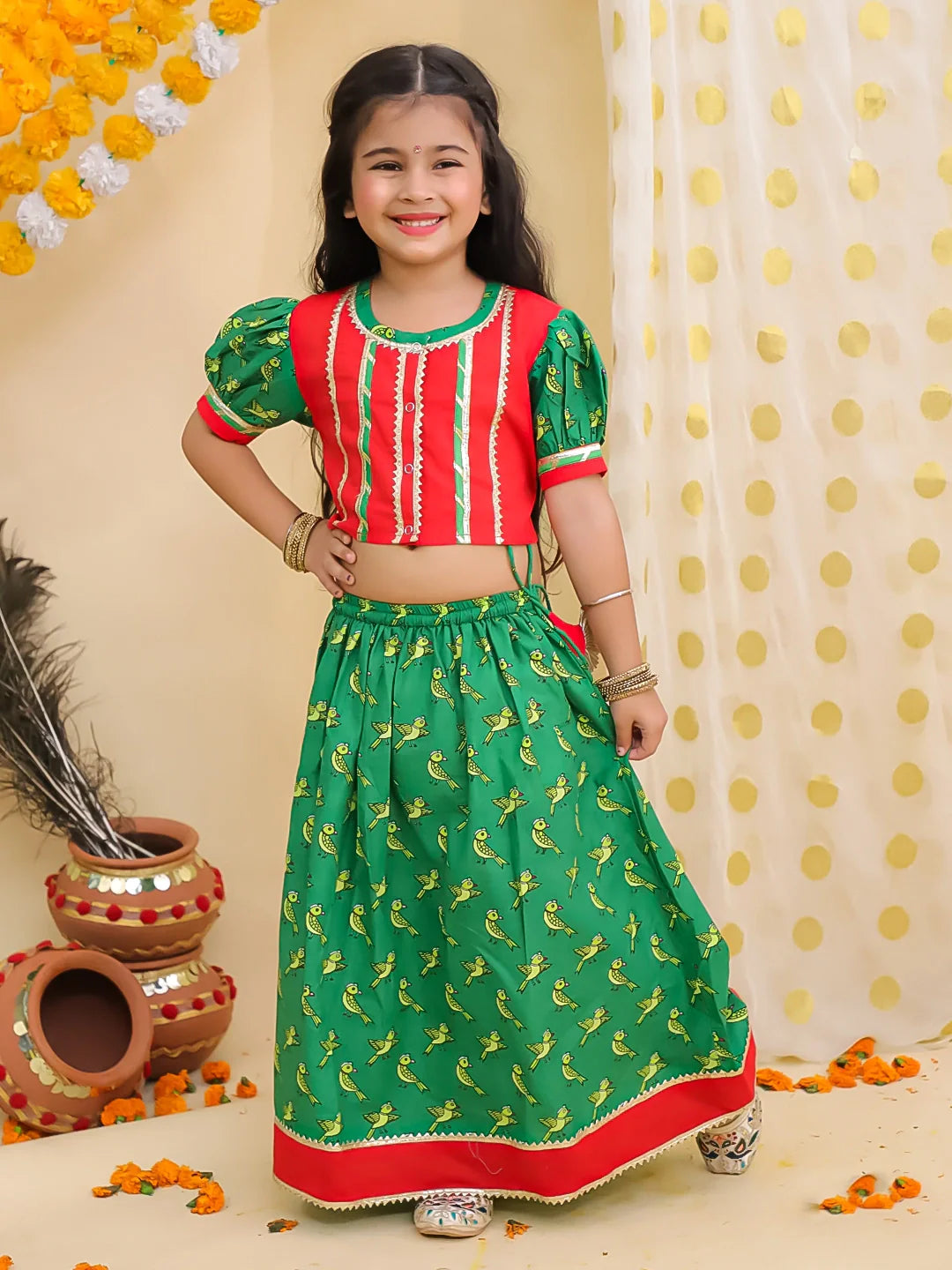 Cotton Lehenga Choli Set for Girls - Red | BS25LC01RDA | DesiQlo