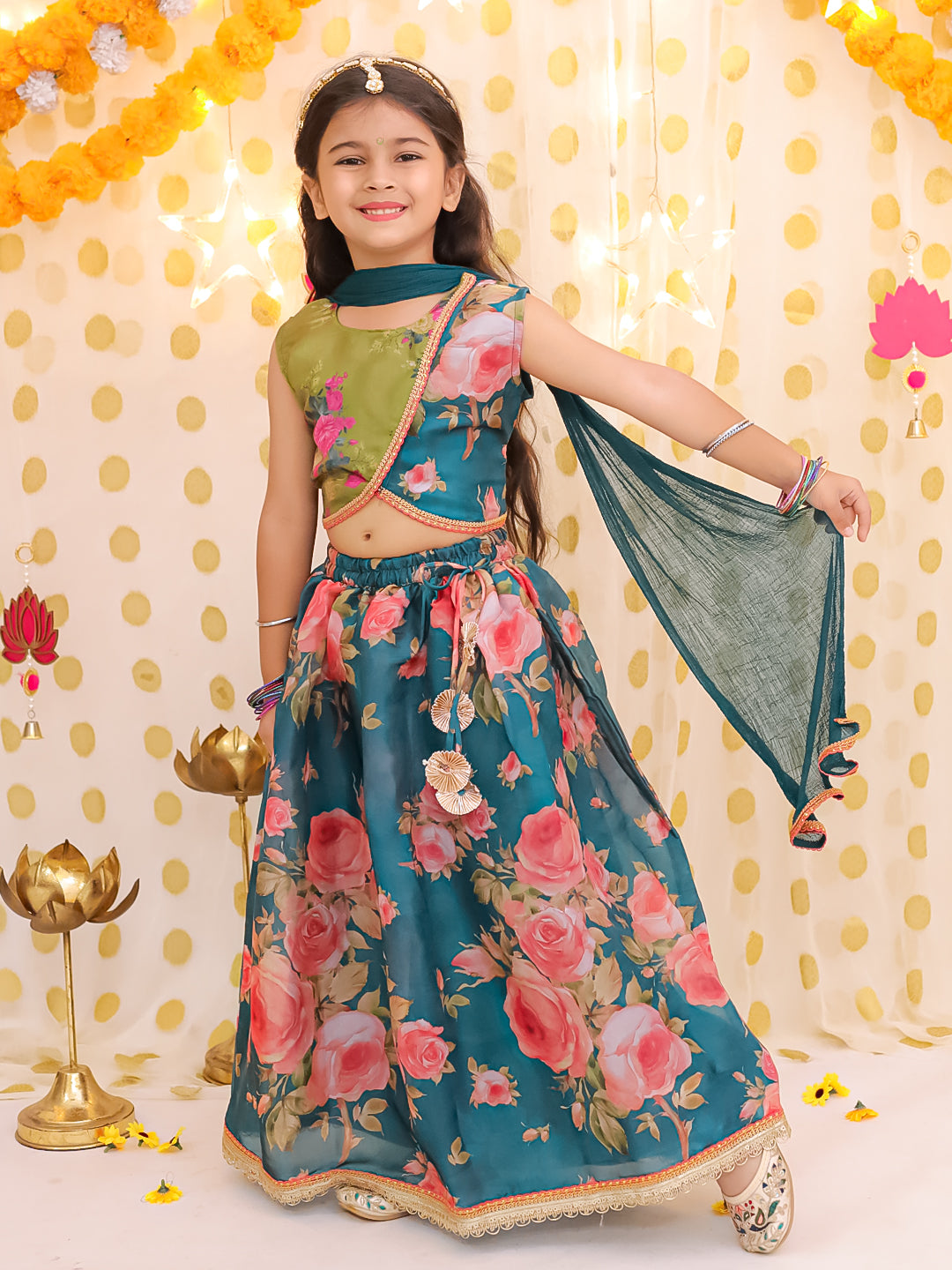 Organza Lehenga Choli Set for Girls - Green | BS25LC10GRA