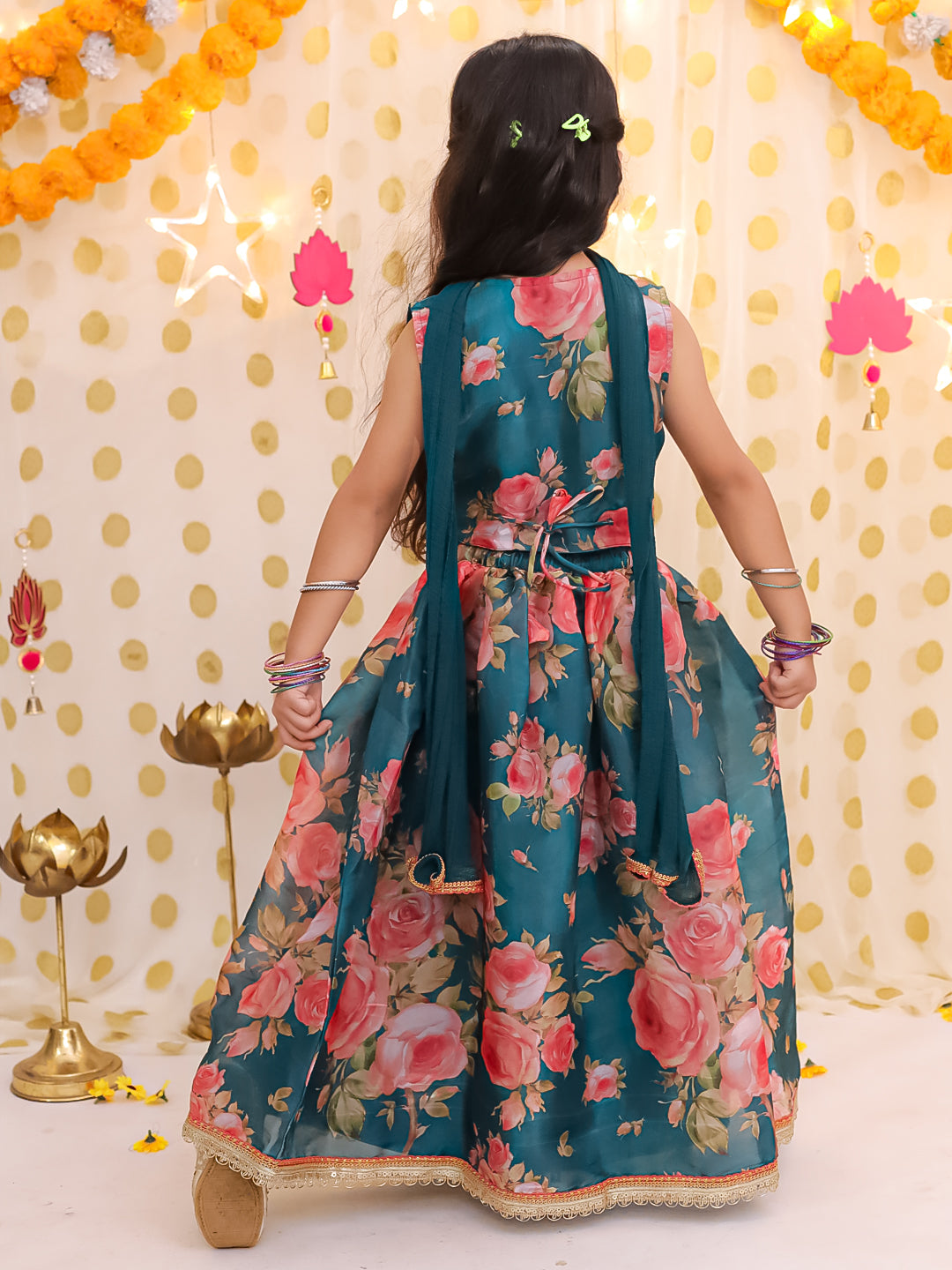 Organza Lehenga Choli Set for Girls - Green | BS25LC10GRA | DesiQlo