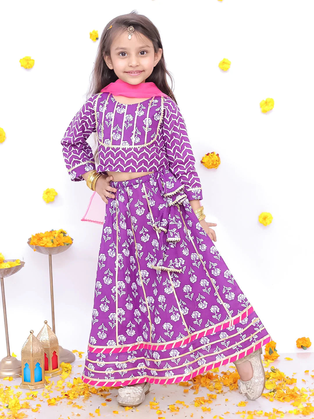 Festive Short Sleeves Pure Cotton Printed Lehenga Choli Set For Girls -Purple-BS25LC10PUA