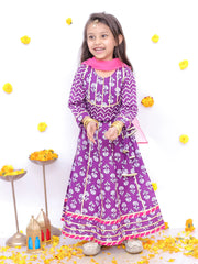 Festive Short Sleeves Pure Cotton Printed Lehenga Choli Set For Girls -Purple-BS25LC10PUA