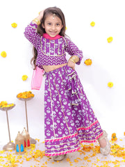 Festive Short Sleeves Pure Cotton Printed Lehenga Choli Set For Girls -Purple-BS25LC10PUA