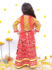 Festive Short Sleeves Pure Cotton Printed Lehenga Choli Set For Girls -Red-BS25LC10RDA