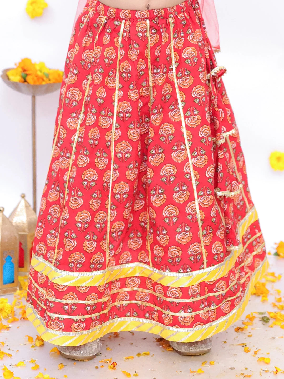 Red Cotton Printed Lehenga Choli Set for Girls | Festive Wear