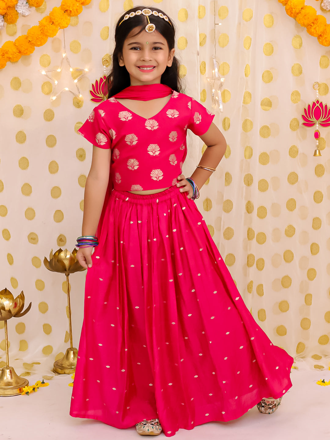 Chanderi Ethnic Suit Set for Girls - Pink | BS25LC13PIA | DesiQlo