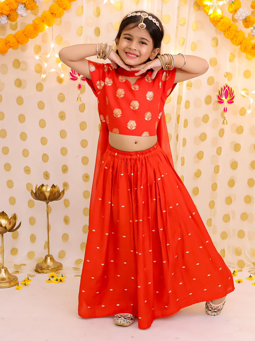 Chanderi Ethnic Suit Set for Girls - Rust | BS25LC13RUA | DesiQlo