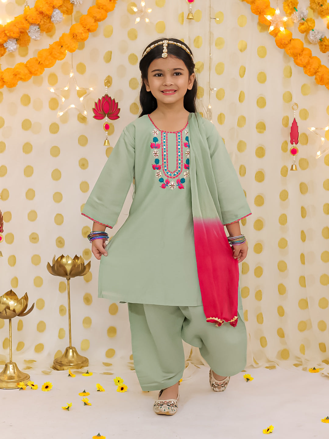 Silk Blend Ethnic Suit Set for Girls - Green | BS25SU19GRA | DesiQlo