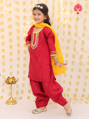 Silk Blend Ethnic Suit Set for Girls - Maroon | BS25SU24RDA