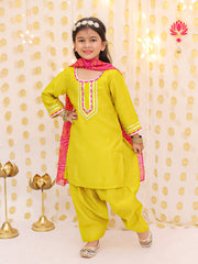 Silk Blend Ethnic Suit Set for Girls - Yellow | BS25SU24YLA