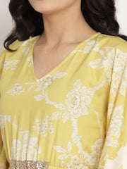 Lime Green & Off White Floral Printed Kaftan Kurta-AHKFCRDP-6026-FF