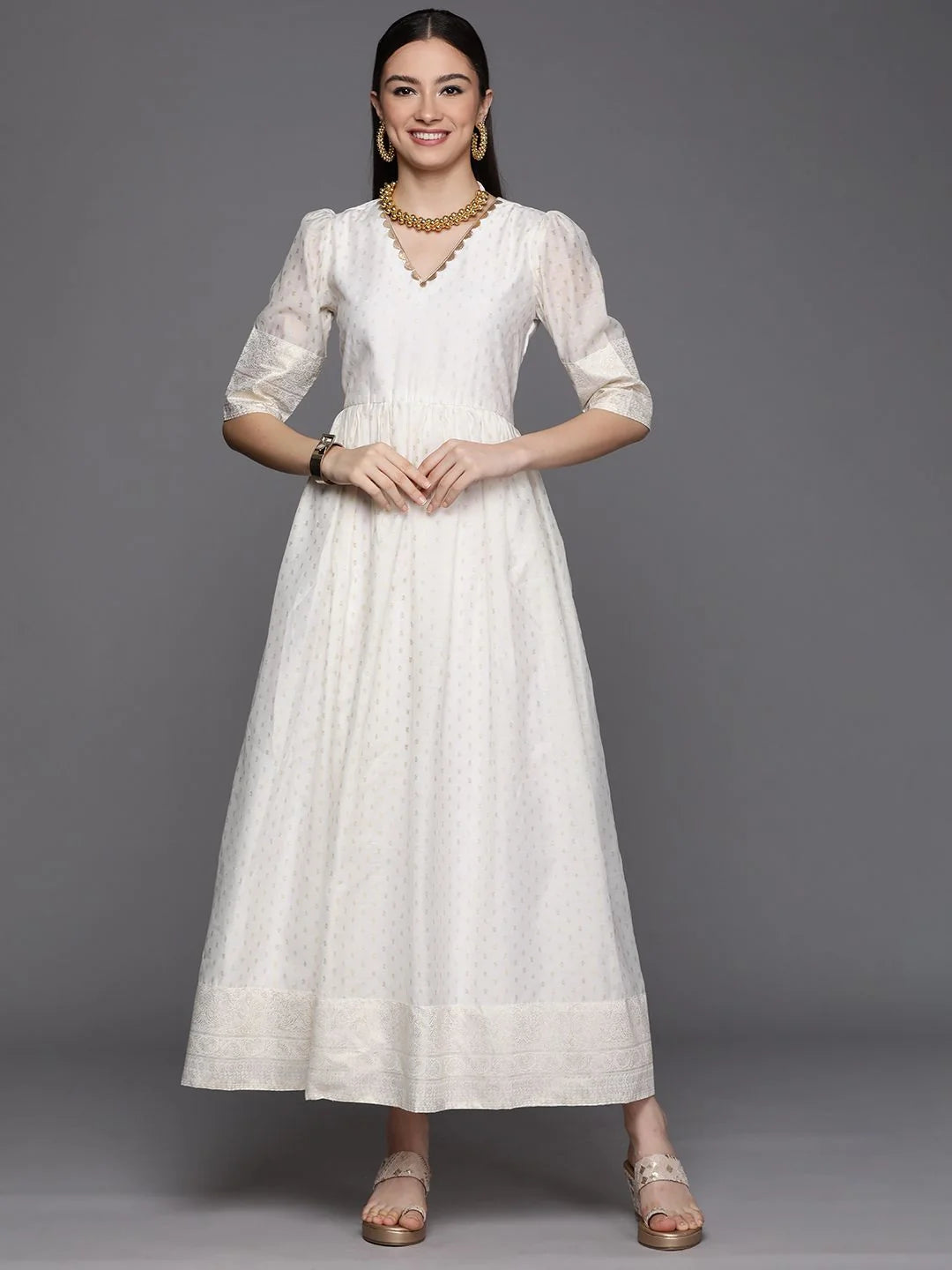 Off White Chanderi Gold Print Dress | Indian Dresses
