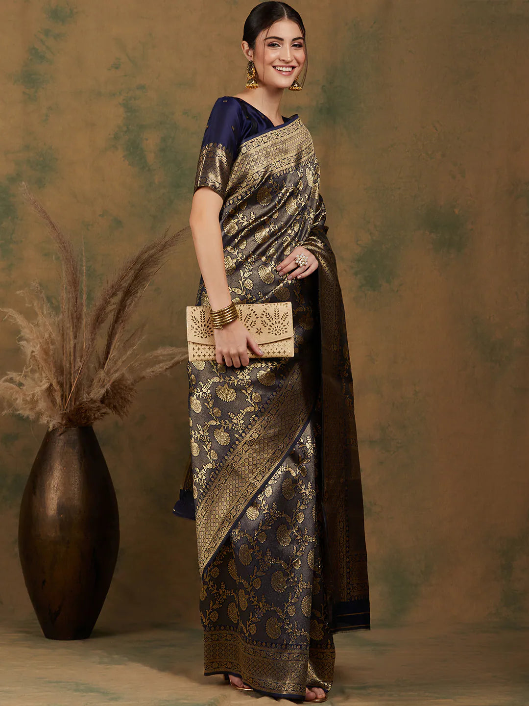 Navy Blue Indian Sari - Woven Design Polyester Saree