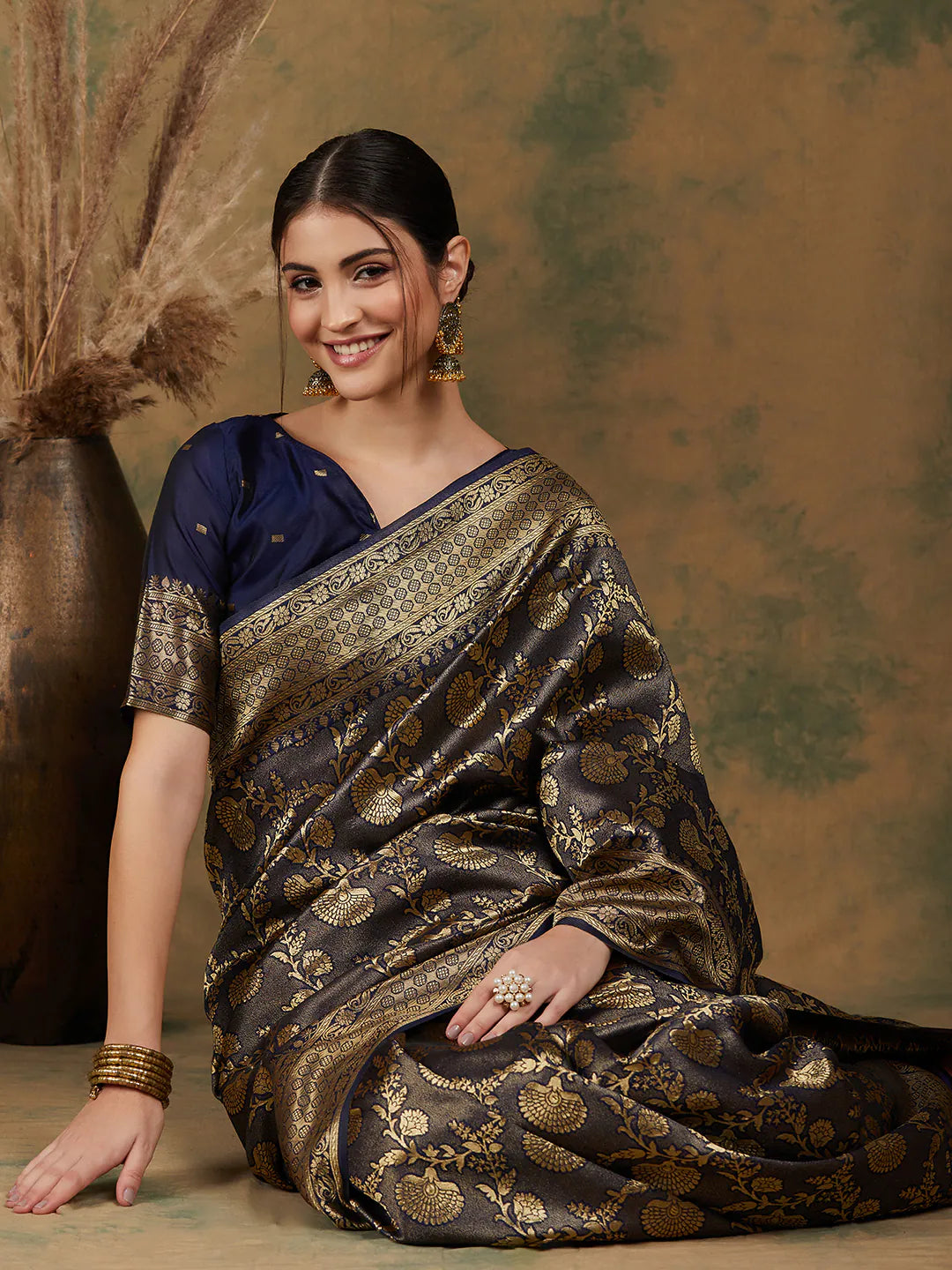 Navy Blue Indian Sari - Woven Design Polyester Saree