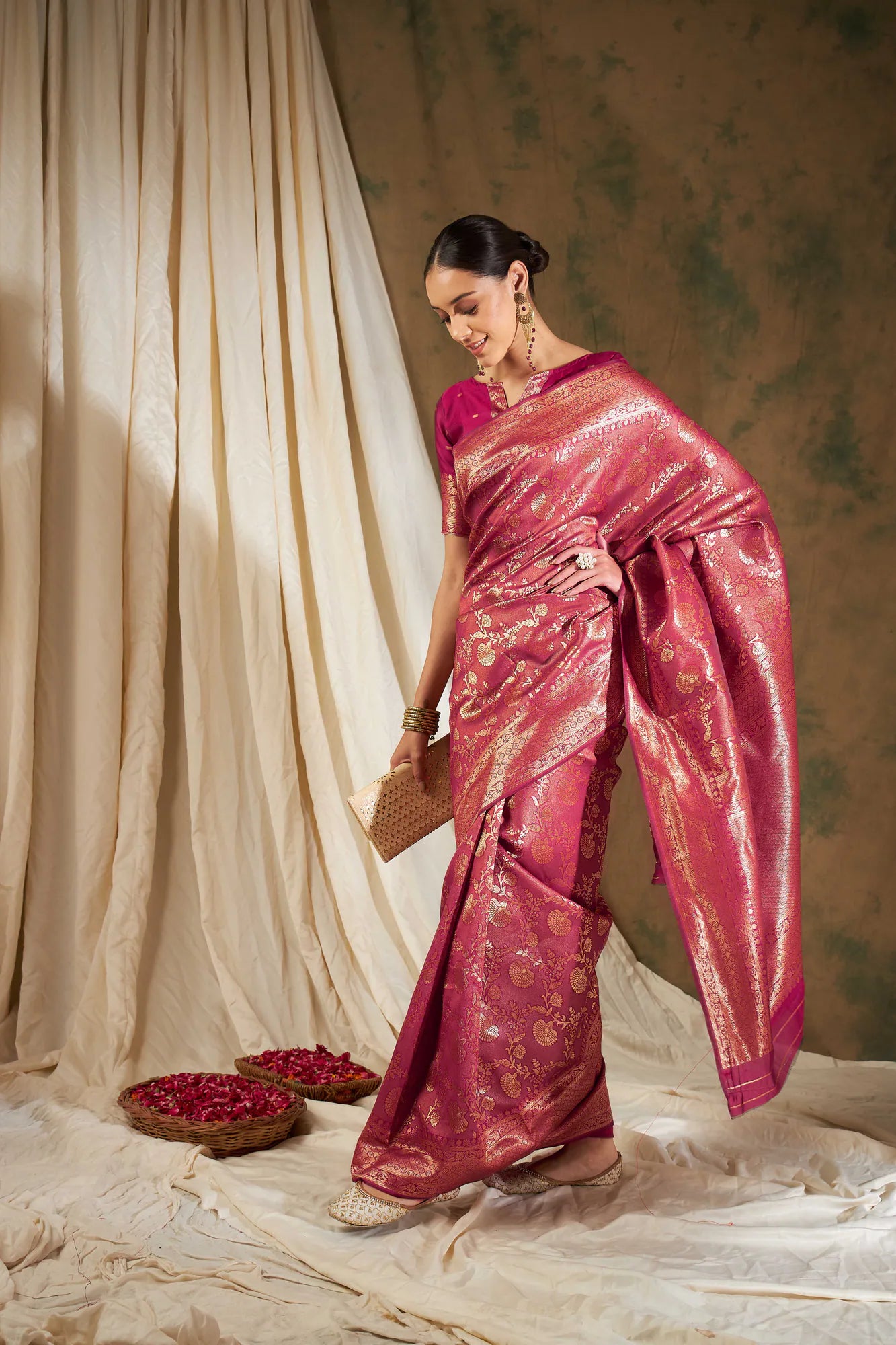 Pink Woven Polyester Indian Sari - Banarasi Style