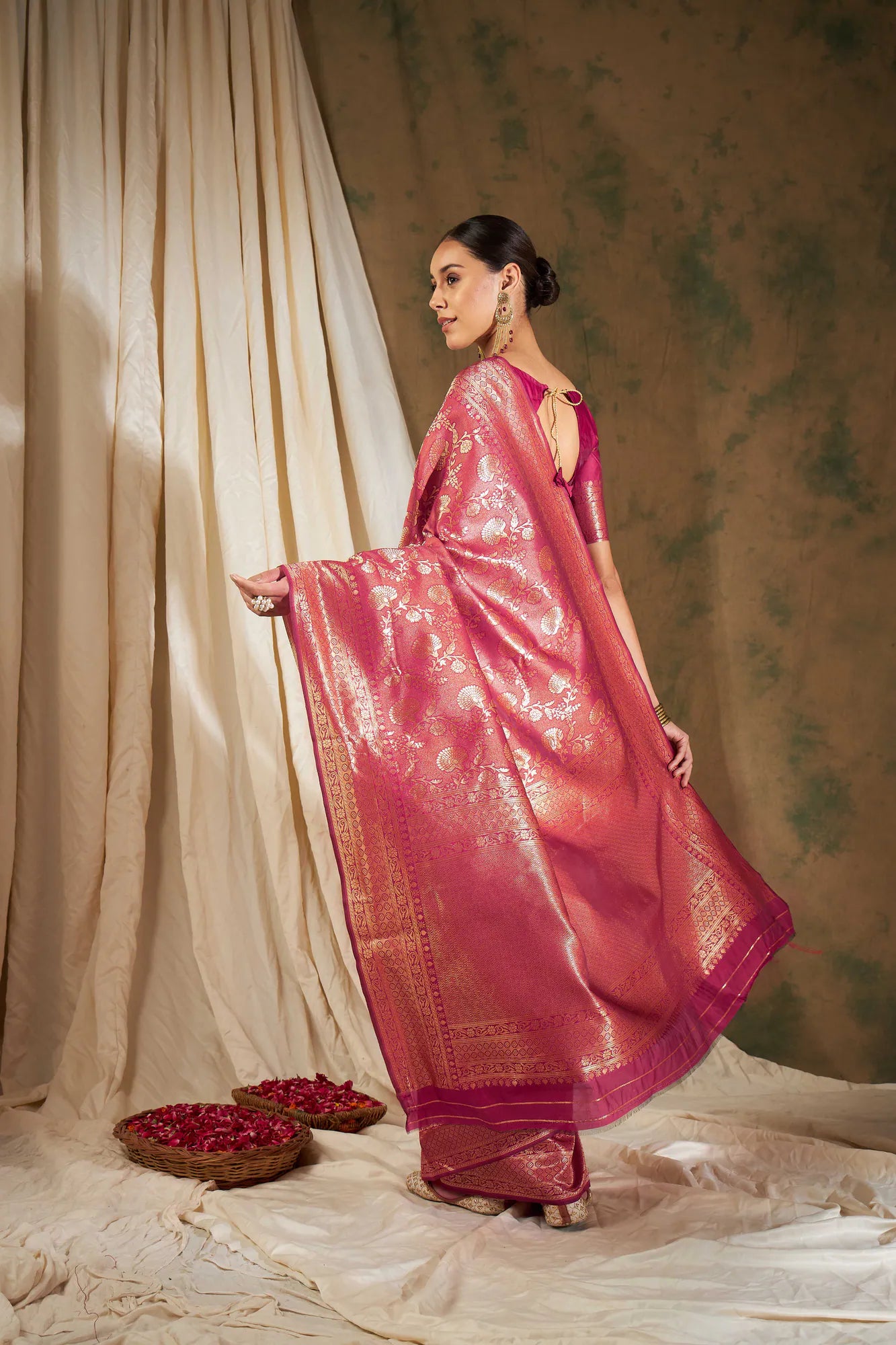 Pink Woven Polyester Indian Sari - Banarasi Style