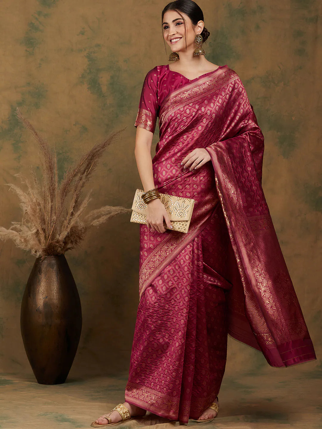 Pink Polyester Saree: Indian Wedding Sarees & Banarasi Style