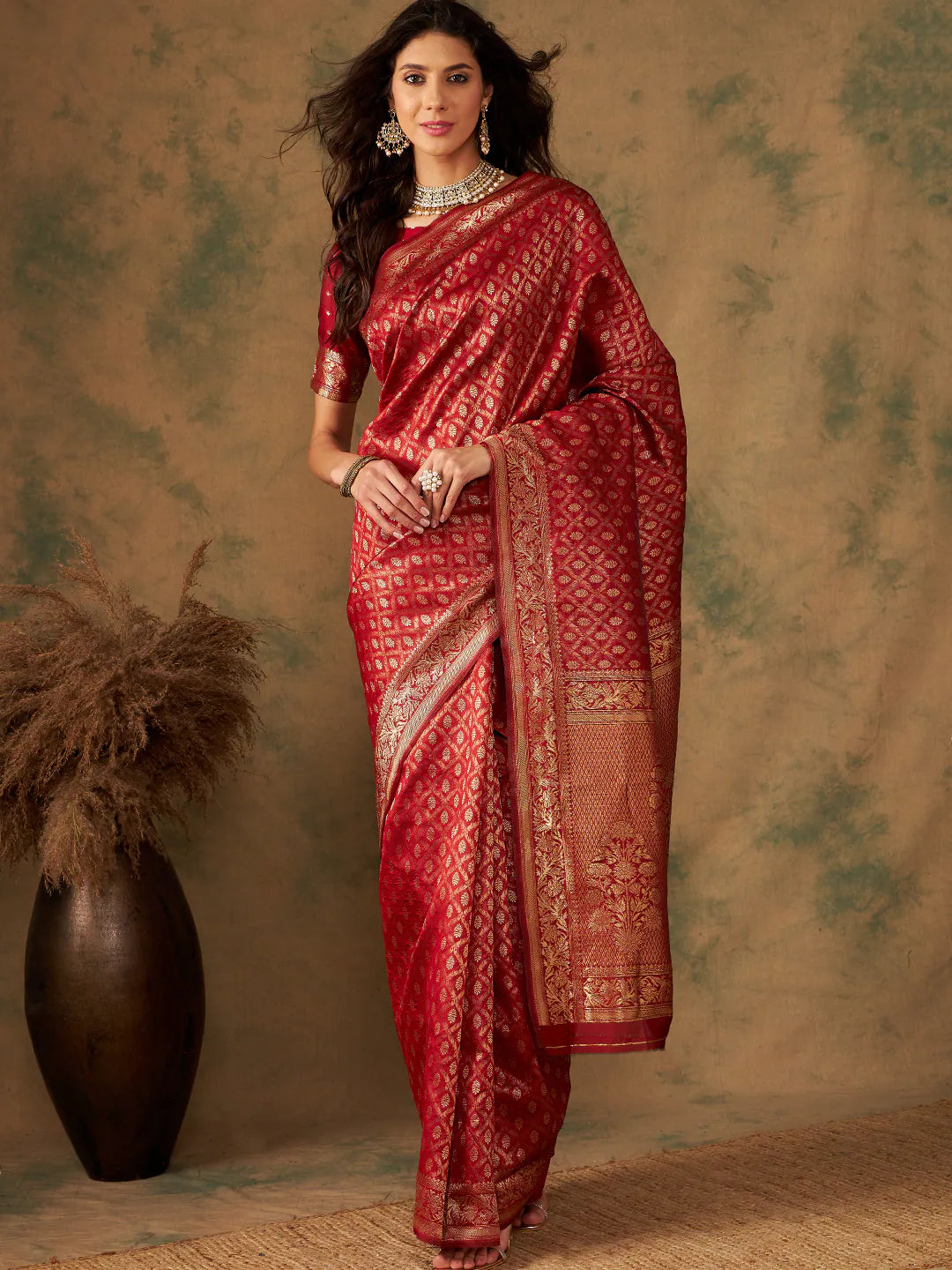 Red Woven Polyester Saree | Indian Sari & Banarasi Touch