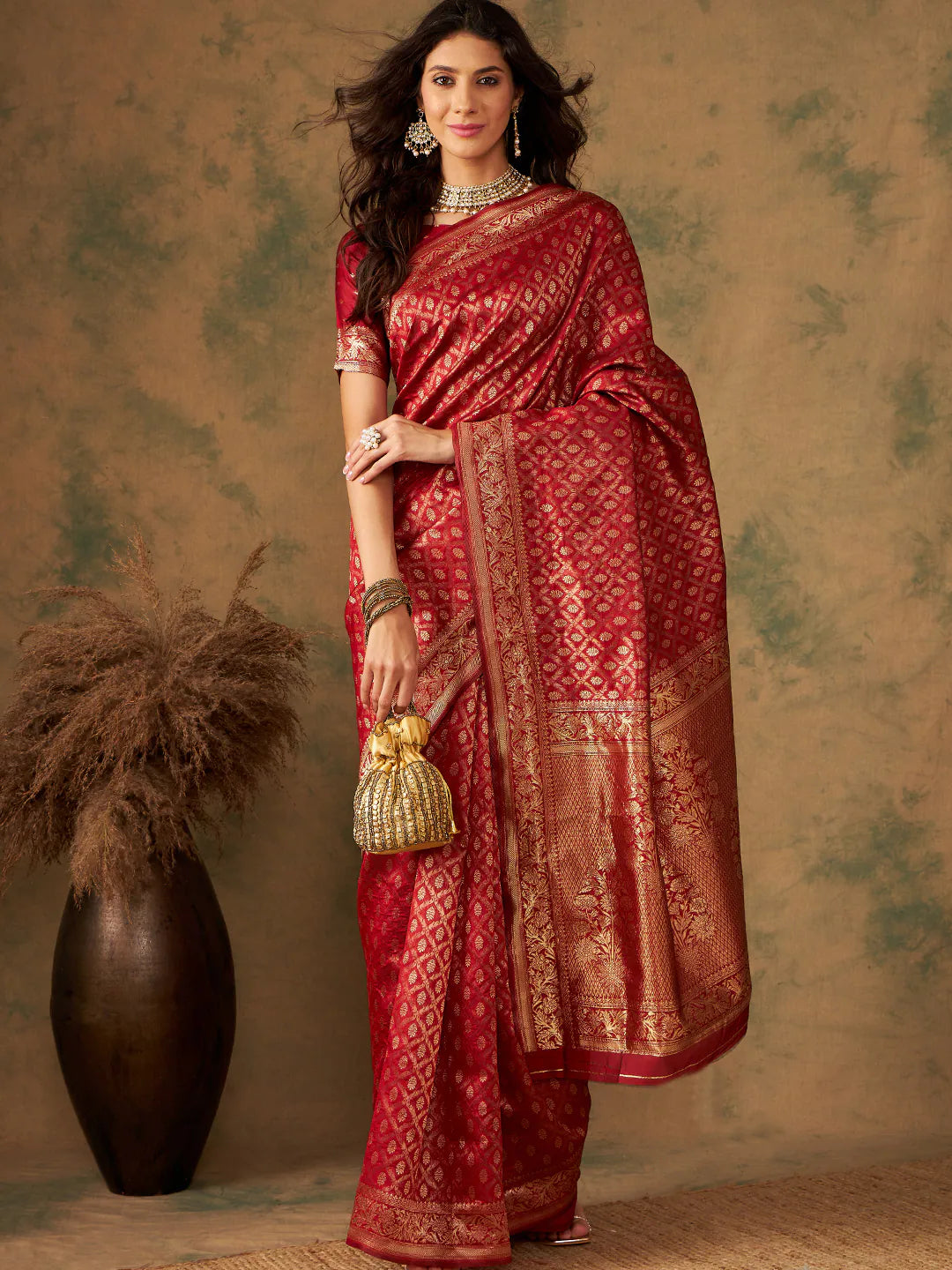 Red Woven Polyester Saree | Indian Sari & Banarasi Touch