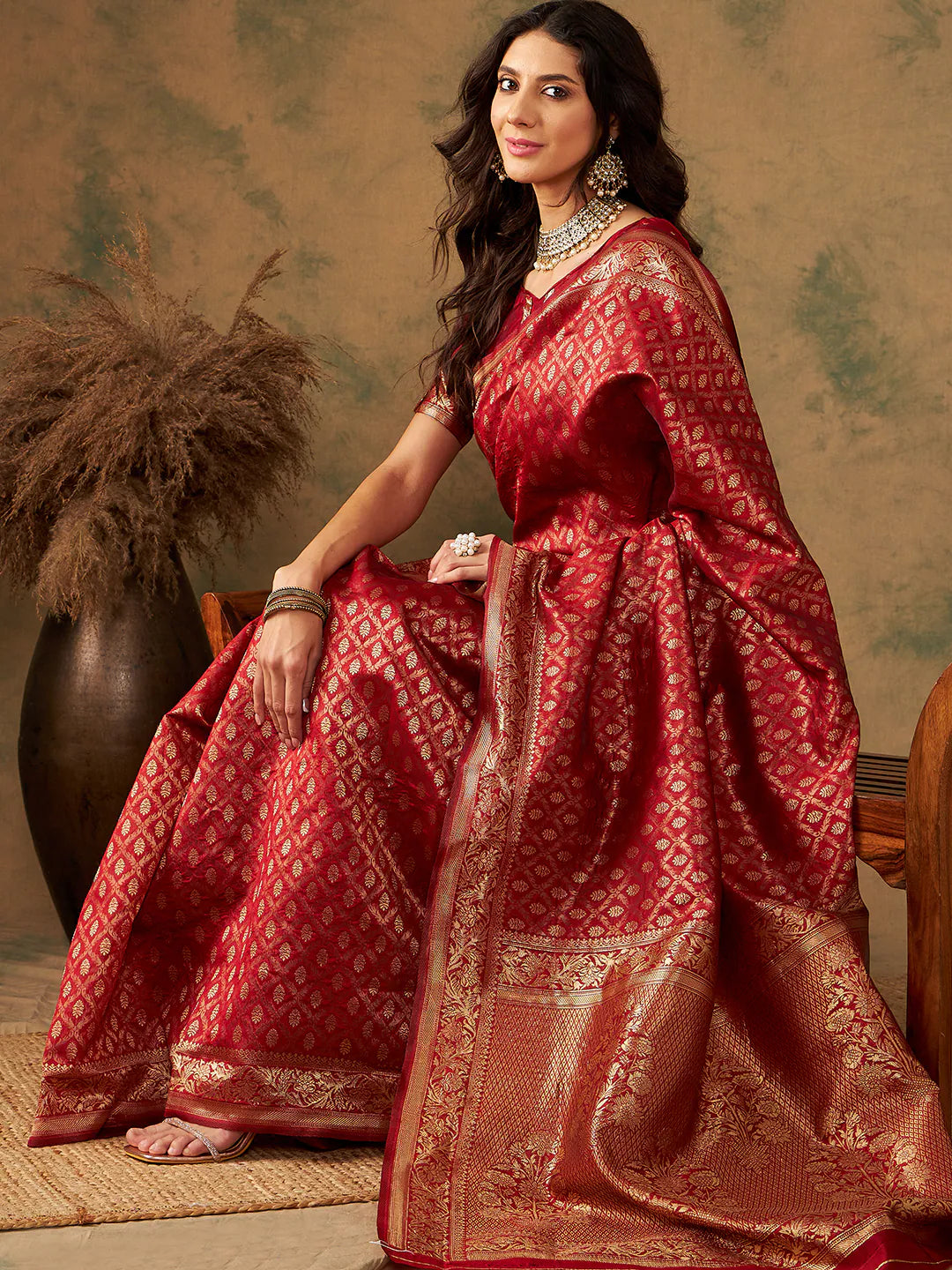 Red Woven Polyester Saree | Indian Sari & Banarasi Touch