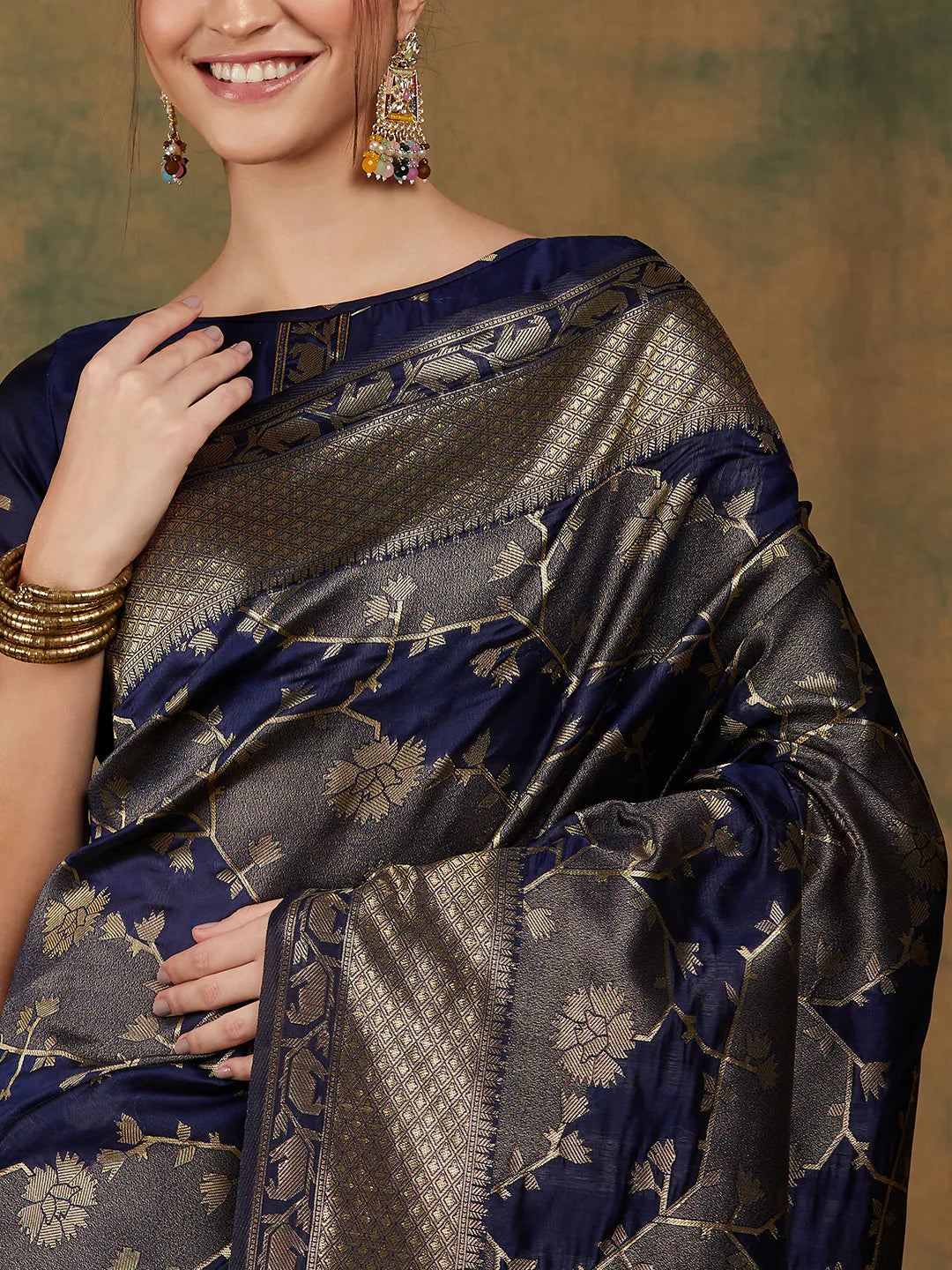 Navy Blue Polyester Saree | Woven Design Indian Sari