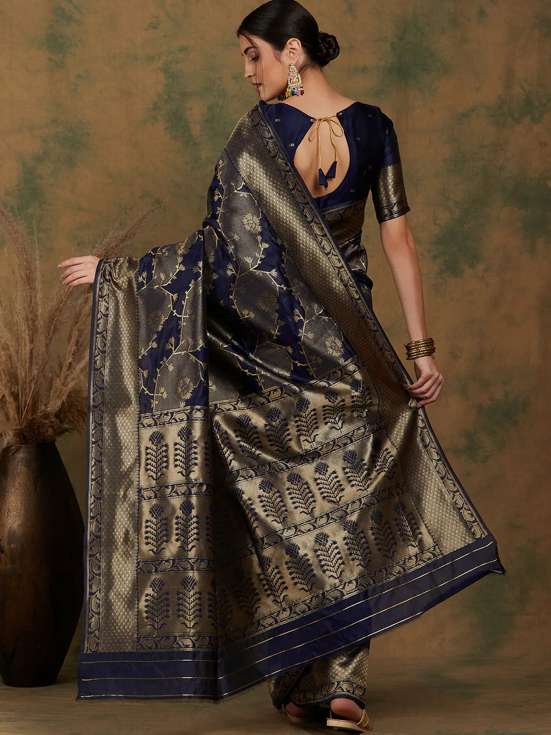 Navy Blue Polyester Saree | Woven Design Indian Sari