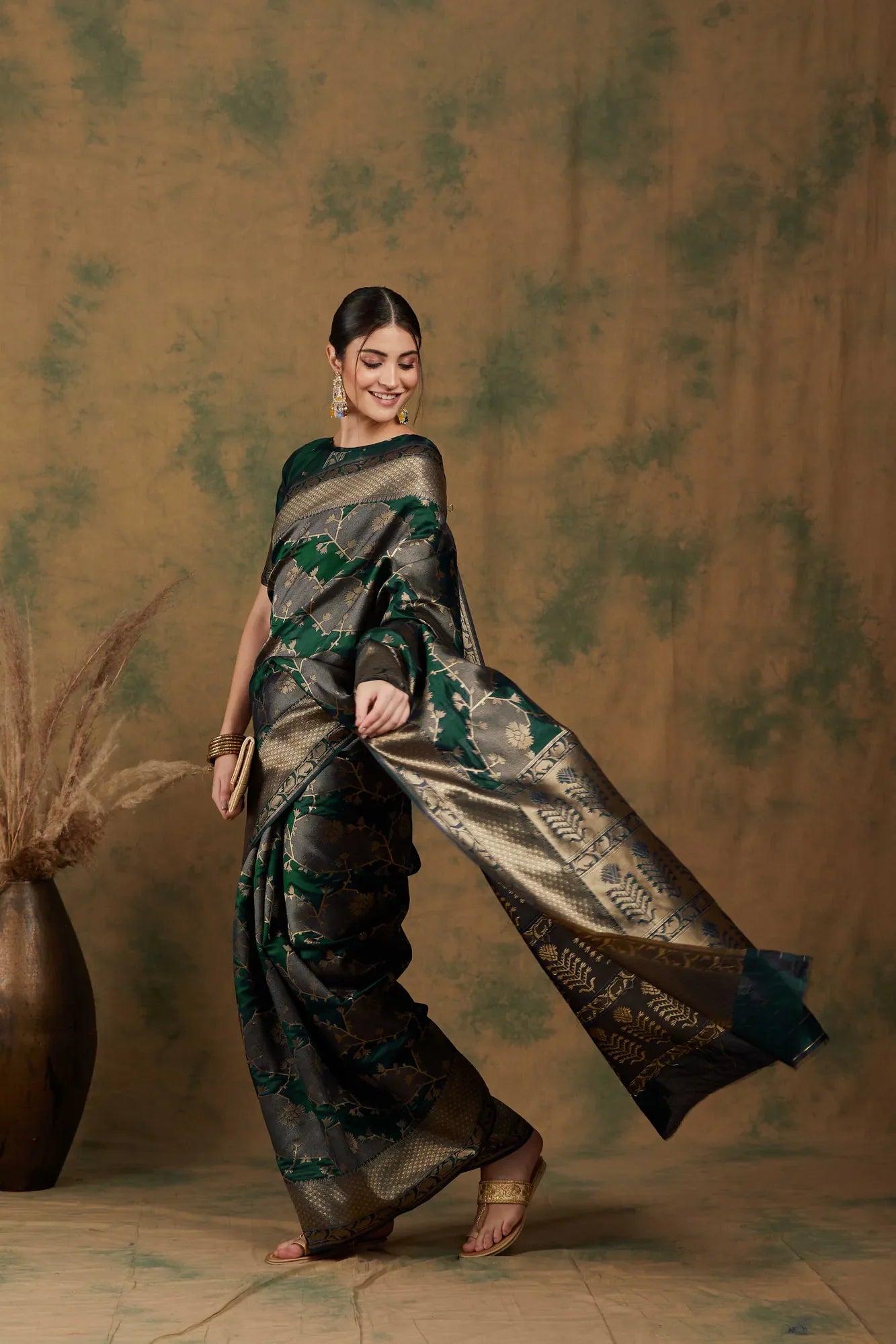 Green Polyester Woven Design Indian Sari | Designer Sarees
