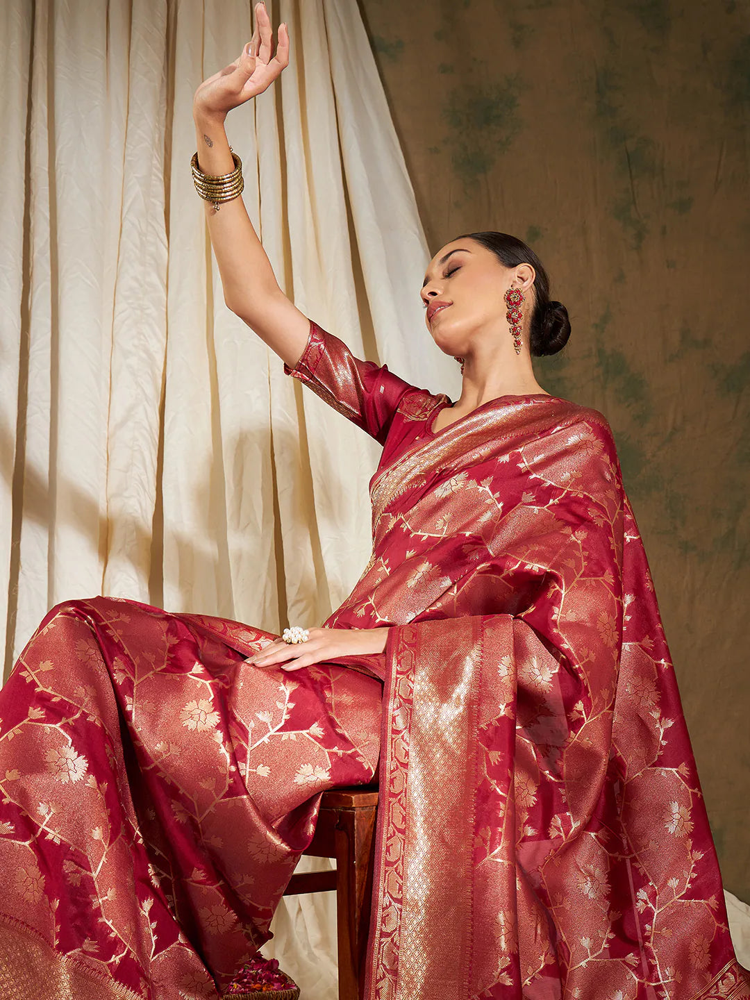Red Woven Polyester Saree | Designer Sarees India