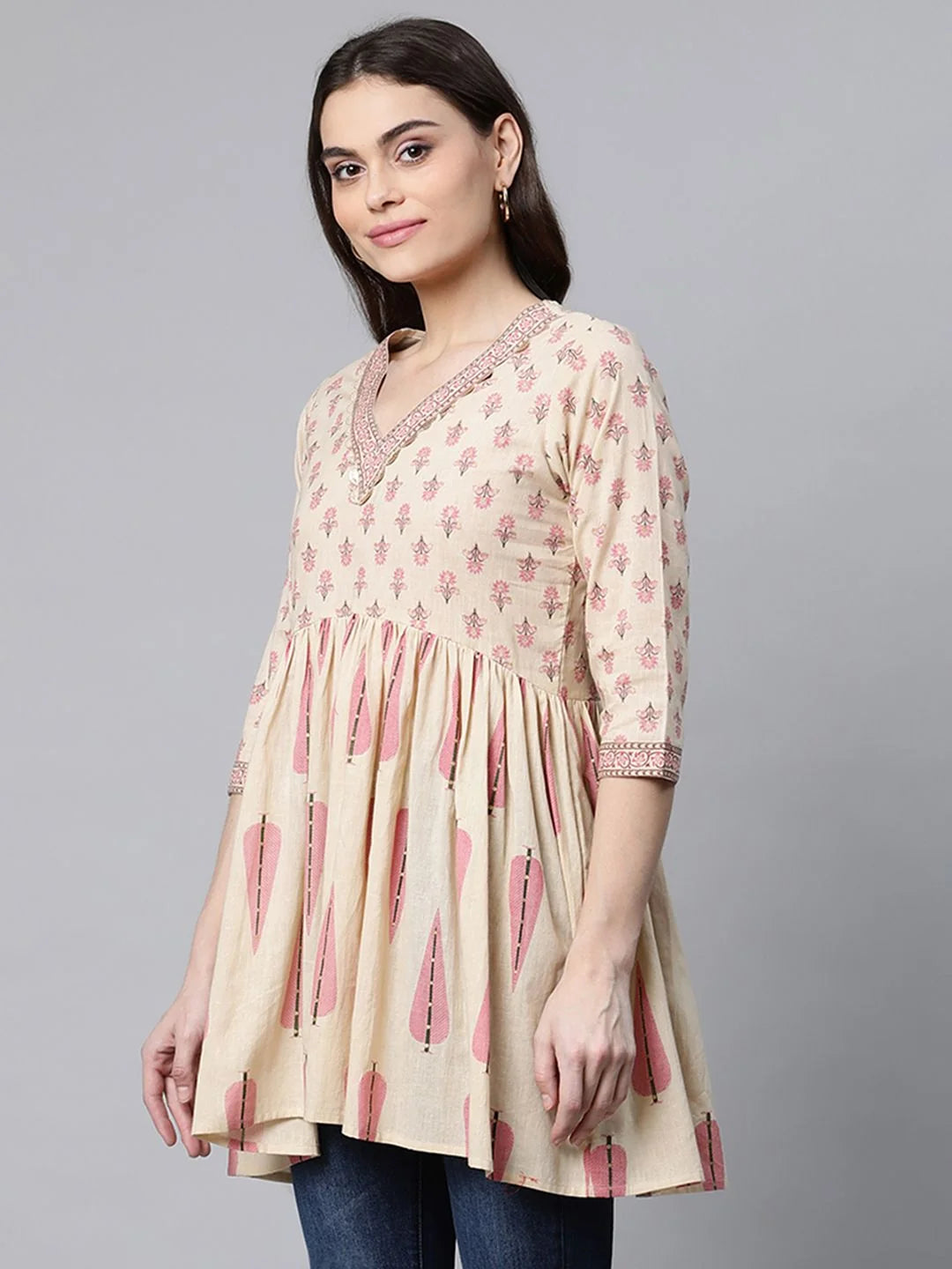 Beige Cotton Tunic Top - Indian Kurta Ladies Casual Wear