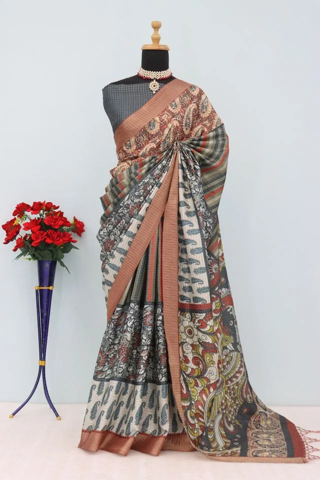 Mysore Silk Digital Print MultiColour Saree With Unstiched Blouse Piece
