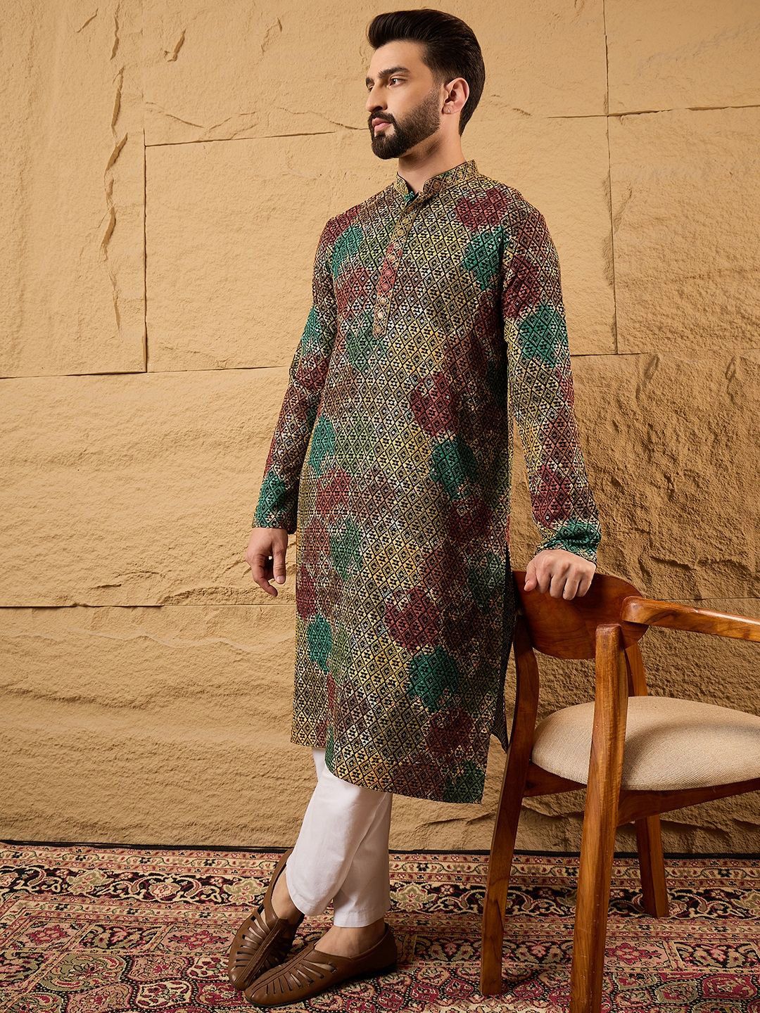 Ethnic Bay Mens Multi Viscose Rayon Geometric Embroidered Chikankari Straight Kurta With Pant Set-MKSET1180