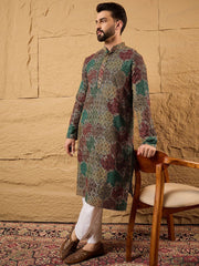 Ethnic Bay Mens Multi Viscose Rayon Geometric Embroidered Chikankari Straight Kurta With Pant Set-MKSET1180