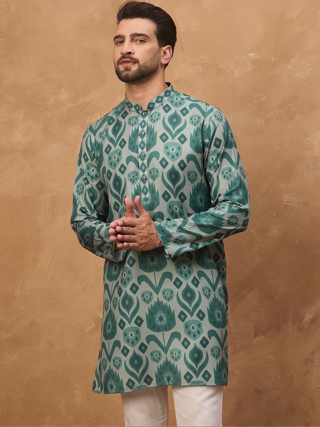Ethnic Bay Men Green Cotton Blend Ethnic Motifs Printed Straight Kurta With Pant Set-MKSET1545