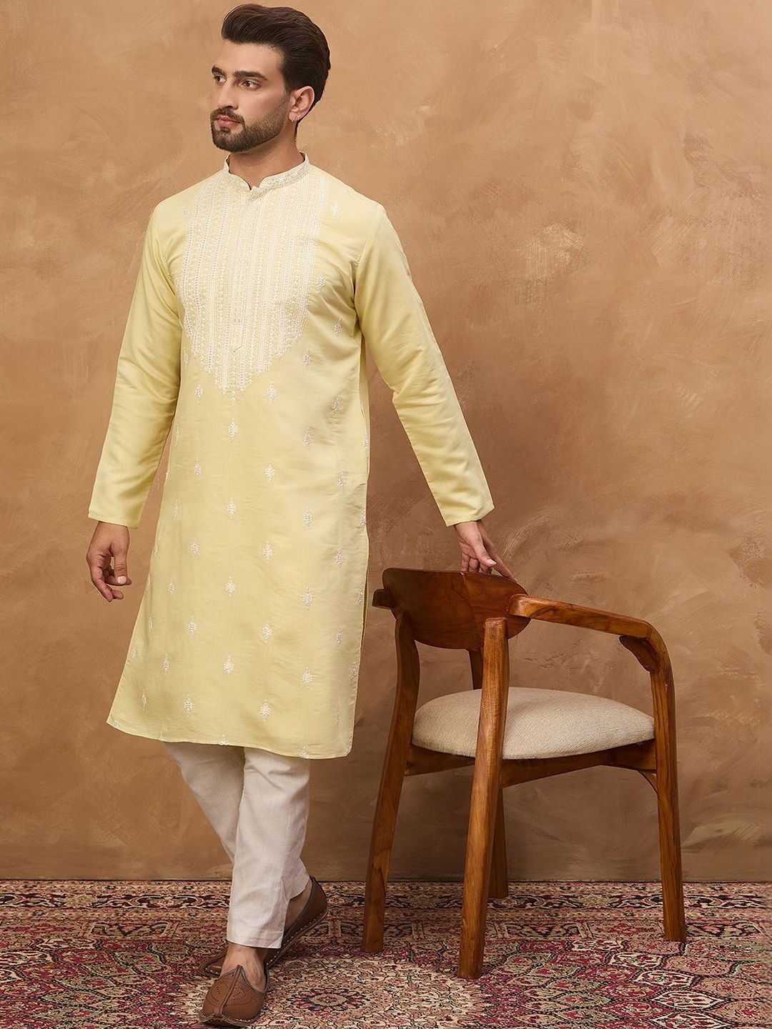 Ethnic Bay Men Yellow Silk Blend Solid Embroidered Straight Kurta With Pant Set-MKSET1509