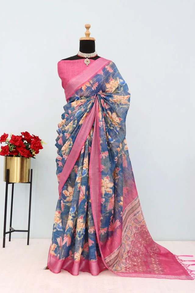 Linen Digital Print Blue Saree With Unstiched Blouse Piece