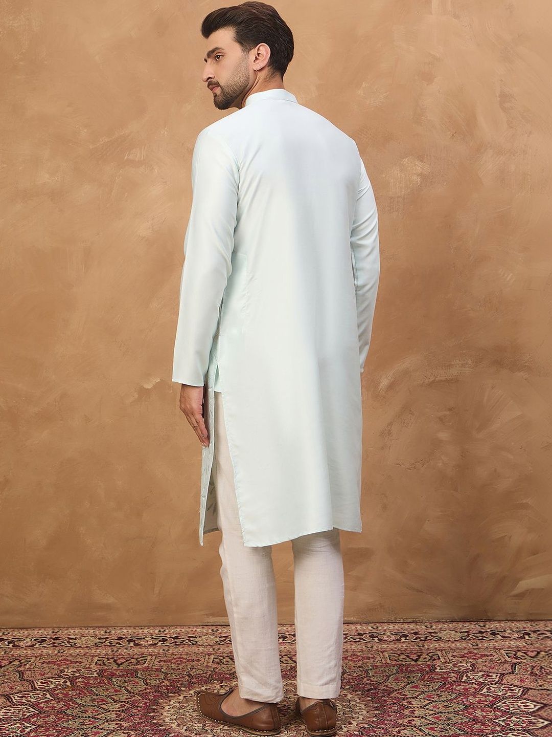 Ethnic Bay Men Blue Silk Blend Solid Embroidered Straight Kurta With Pant Set-MKSET1446