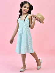 Blue Pure Cotton Ethnic Printed Anarkali Dress with Cinched Straps for Girls 