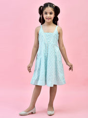 Blue Pure Cotton Ethnic Printed Anarkali Dress with Cinched Straps for Girls 