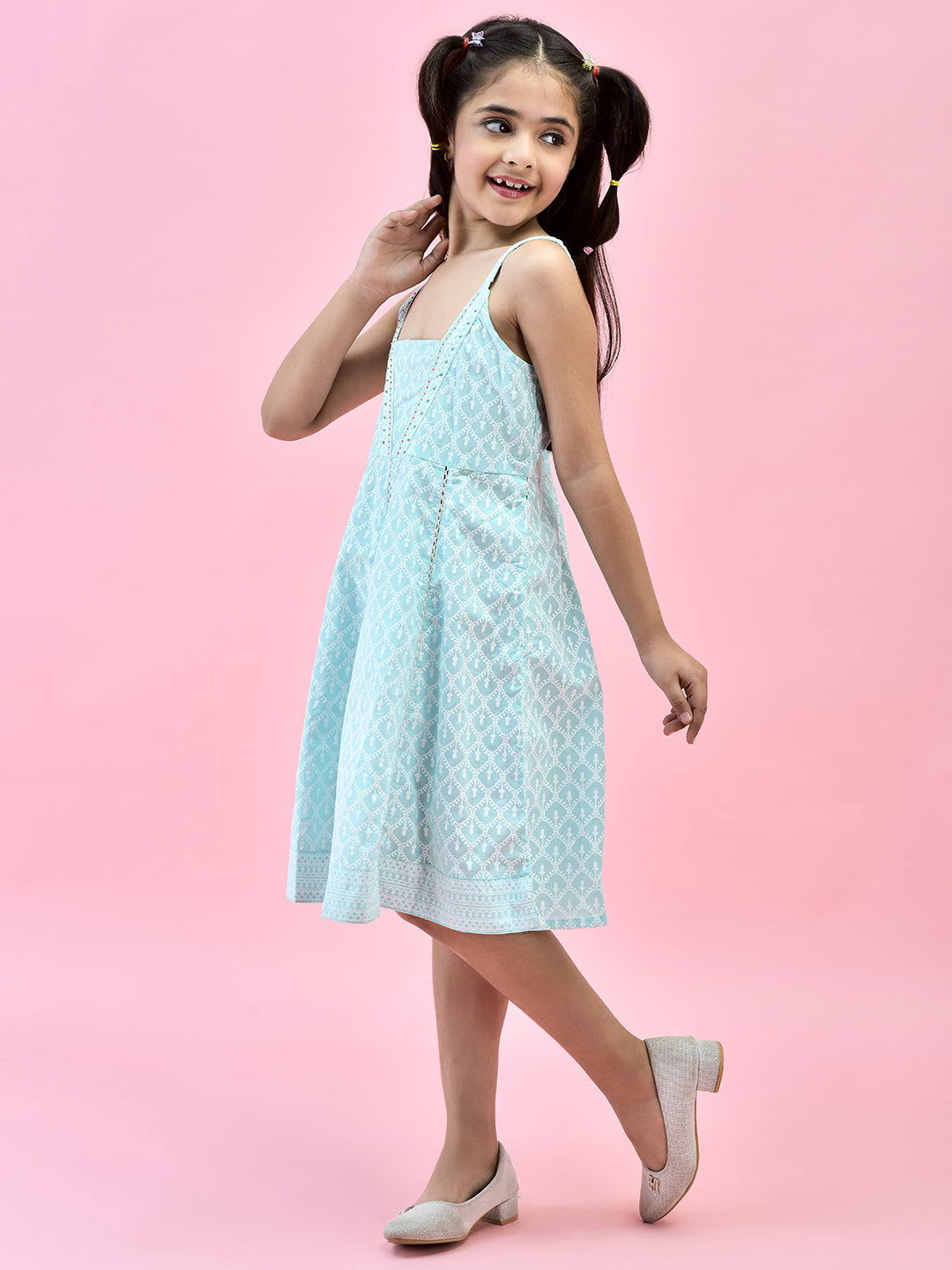 Blue Pure Cotton Ethnic Printed Anarkali Dress with Cinched Straps for