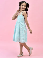 Blue Pure Cotton Ethnic Printed Anarkali Dress with Cinched Straps for Girls 