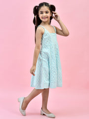 Blue Pure Cotton Ethnic Printed Anarkali Dress with Cinched Straps for Girls 